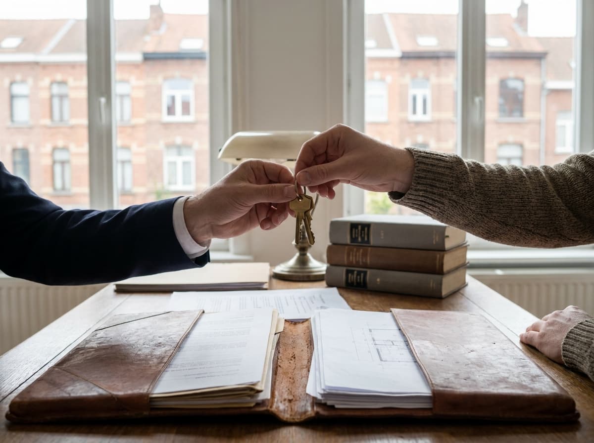 Overhandiging van huissleutels boven een dossiermap op een notarisbureau
