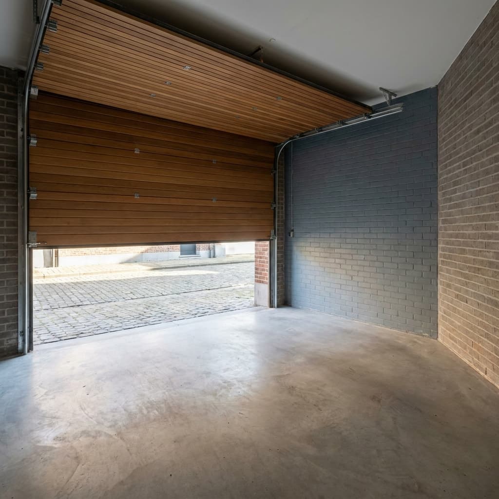 Leeggemaakte, geveegde garage met open poort