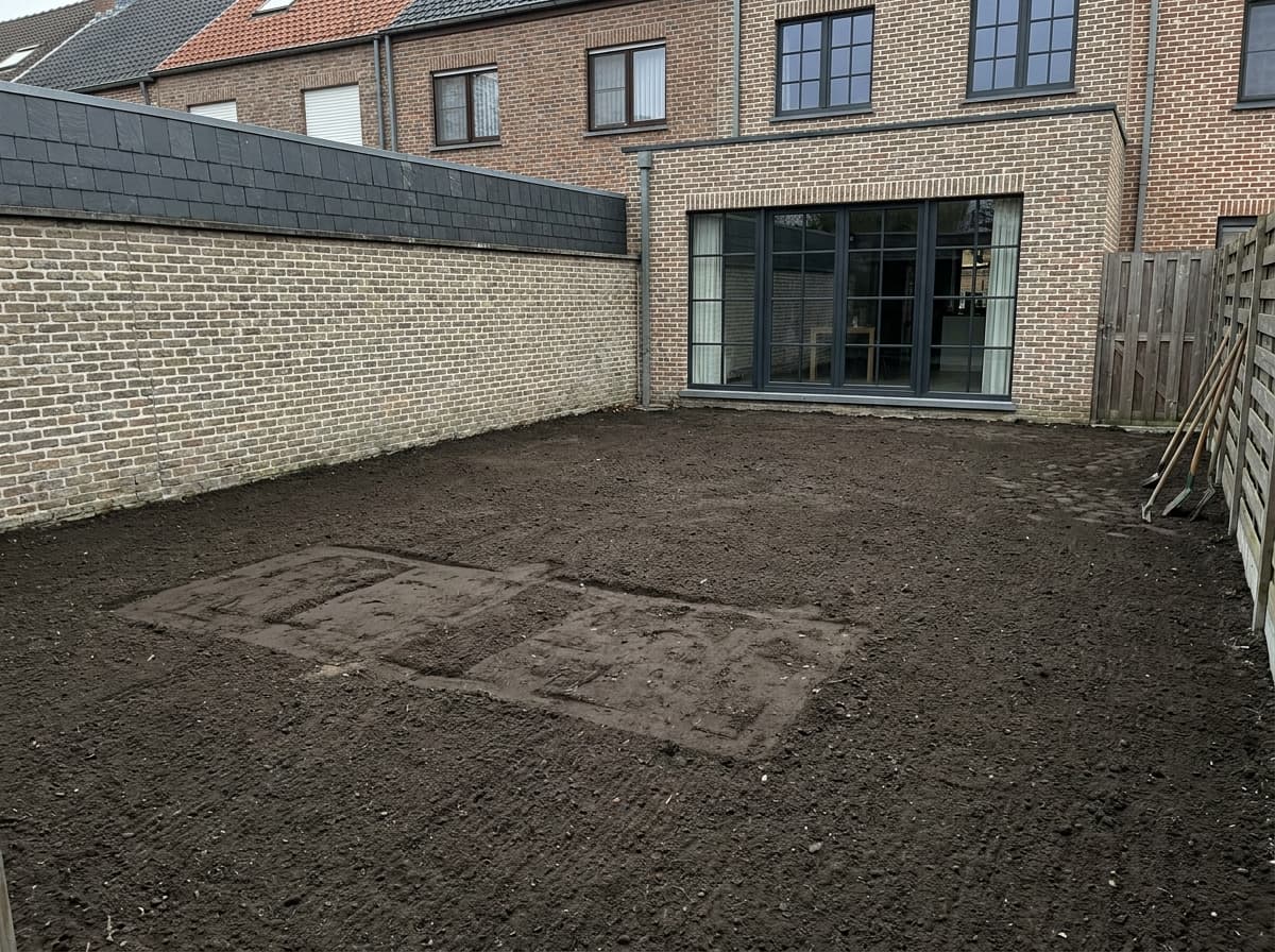 Tuin na het uitbreken van een oud terras, effen en leeg opgeleverd