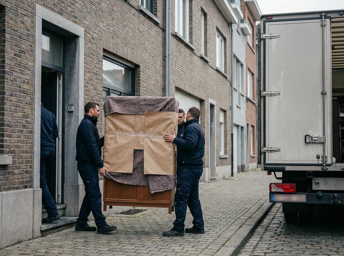 Ploeg draagt ingepakte kast naar een bestelwagen