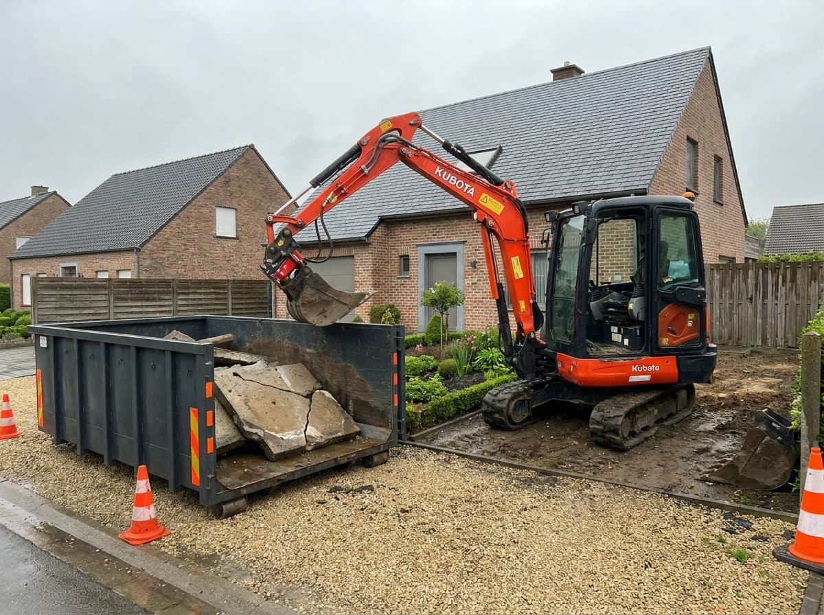 Minigraver tilt terrastegels in een container